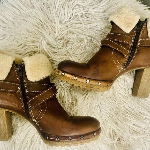Women’s Manas Brown Leather Fleece Lined Fur Cuff Ankle Boots Studs Block Heel - Picture 6 of 11